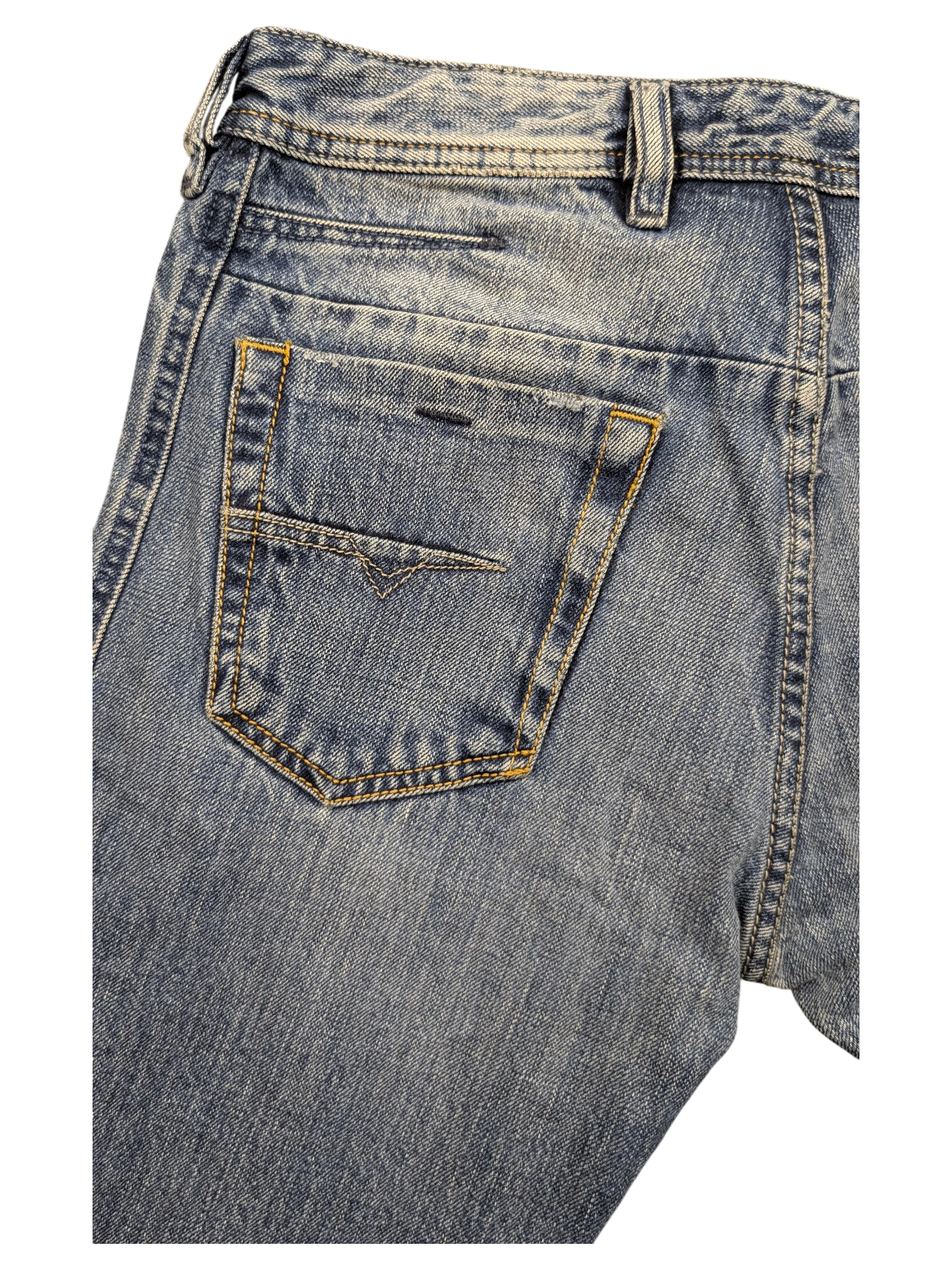 JAKE & IPI blue denim jeans with V-shaped back pocket detail and yellow stitching. Diesel Dughan W29 L32.
