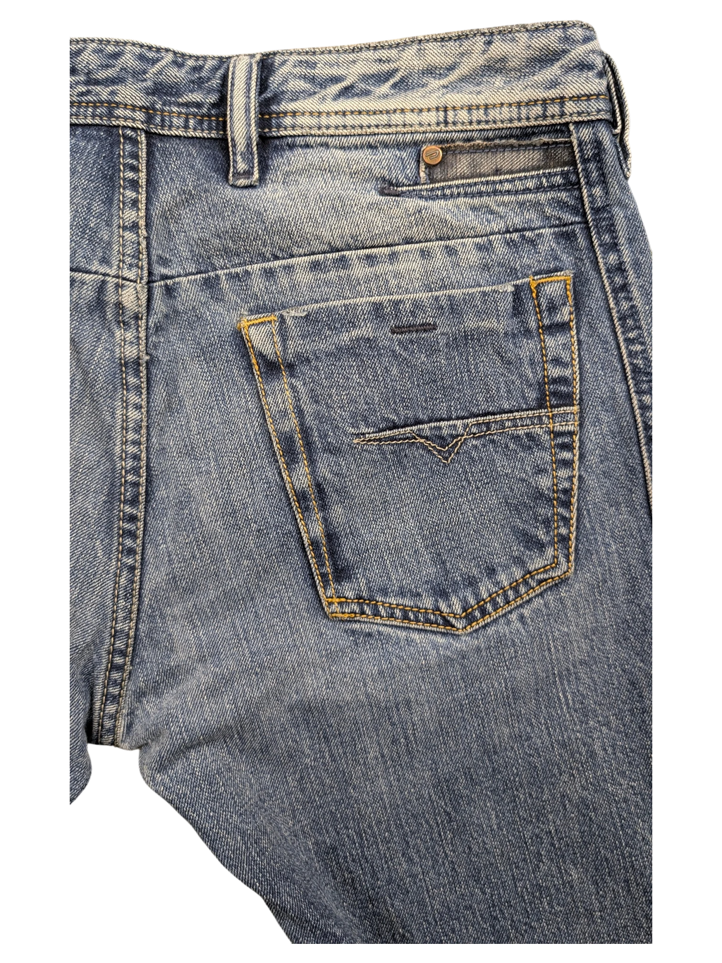 JAKE & IPI blue denim jeans with a distressed wash, featuring a V-stitch detail on the back pocket and a button closure.