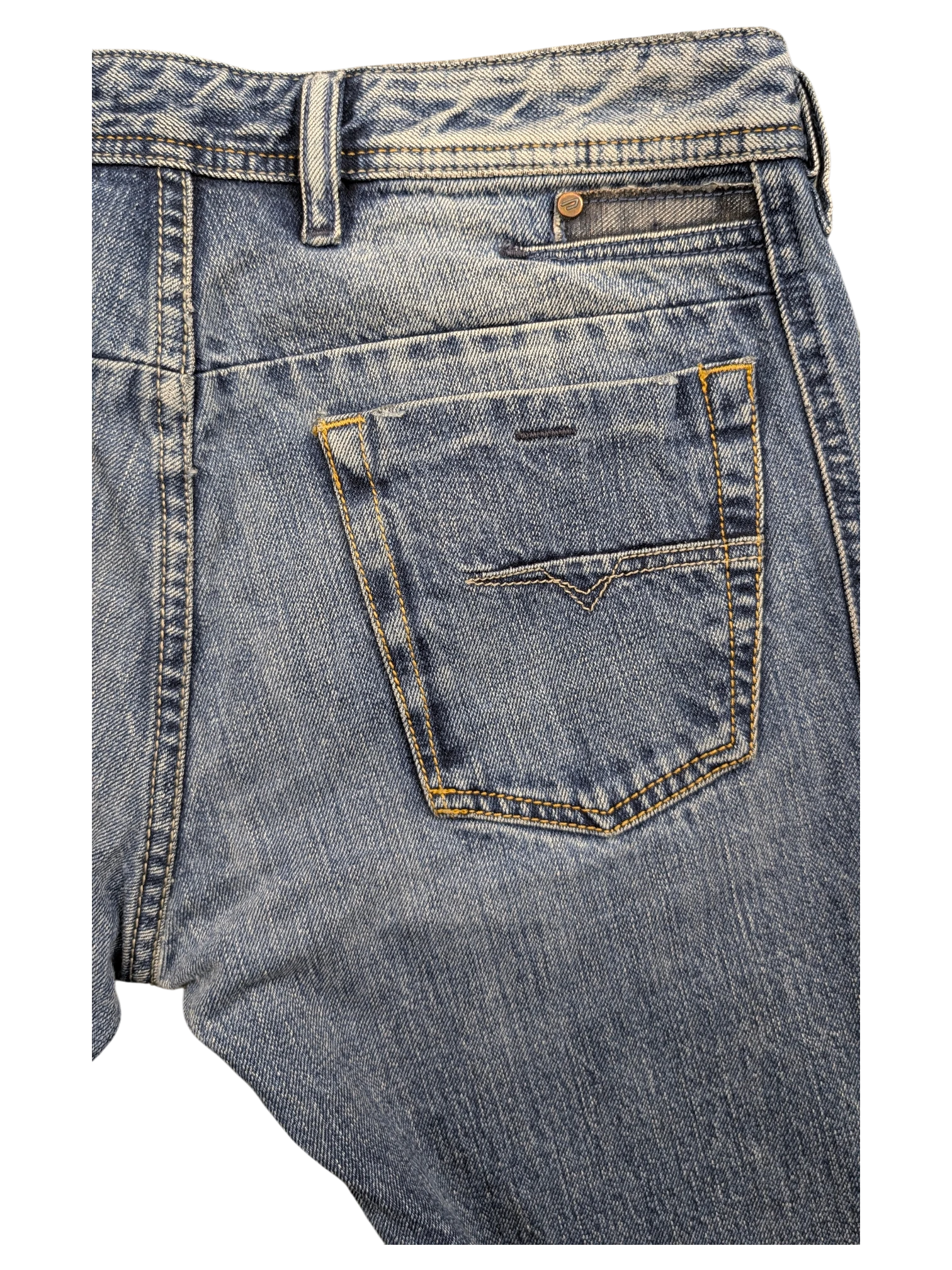 JAKE & IPI blue denim jeans with a distressed wash, featuring a V-stitch detail on the back pocket and a button closure.