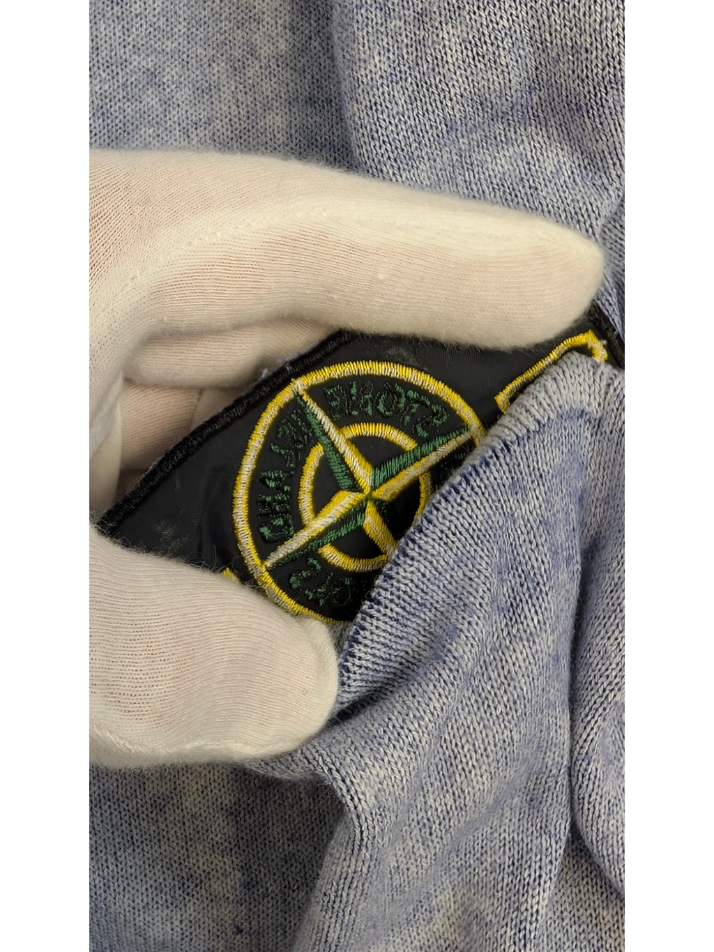 JAKE & IPI blue mélange cotton crewneck sweater with iconic Stone Island compass patch on sleeve. Size XXL.