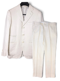 JAKE & IPI Brioni linen suit in off-white featuring a three-button blazer and matching tailored trousers.