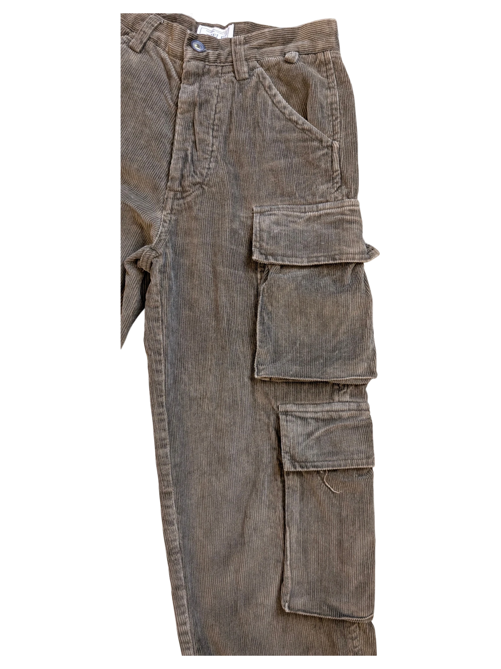 JAKE & IPI brown corduroy cargo pants with multiple flap pockets and a relaxed fit.