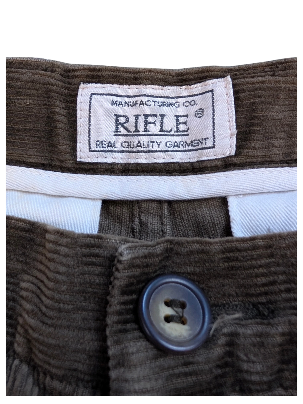 JAKE & IPI brown corduroy cargo pants with button closure and RIFLE label.