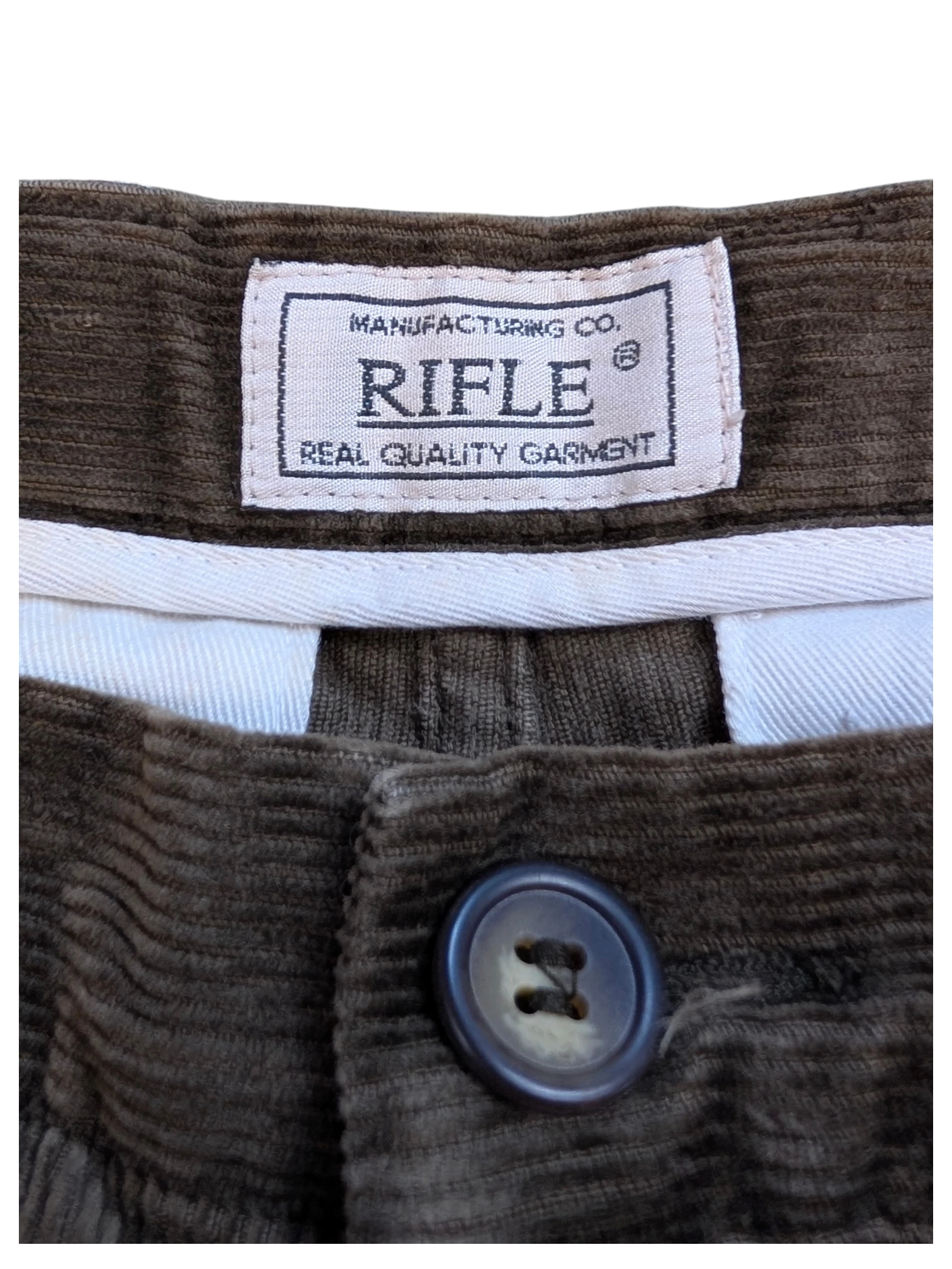 JAKE & IPI brown corduroy cargo pants with button closure and RIFLE label.