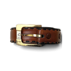 JAKE & IPI brown leather belt featuring black contrast stitching and a polished gold-tone metal buckle