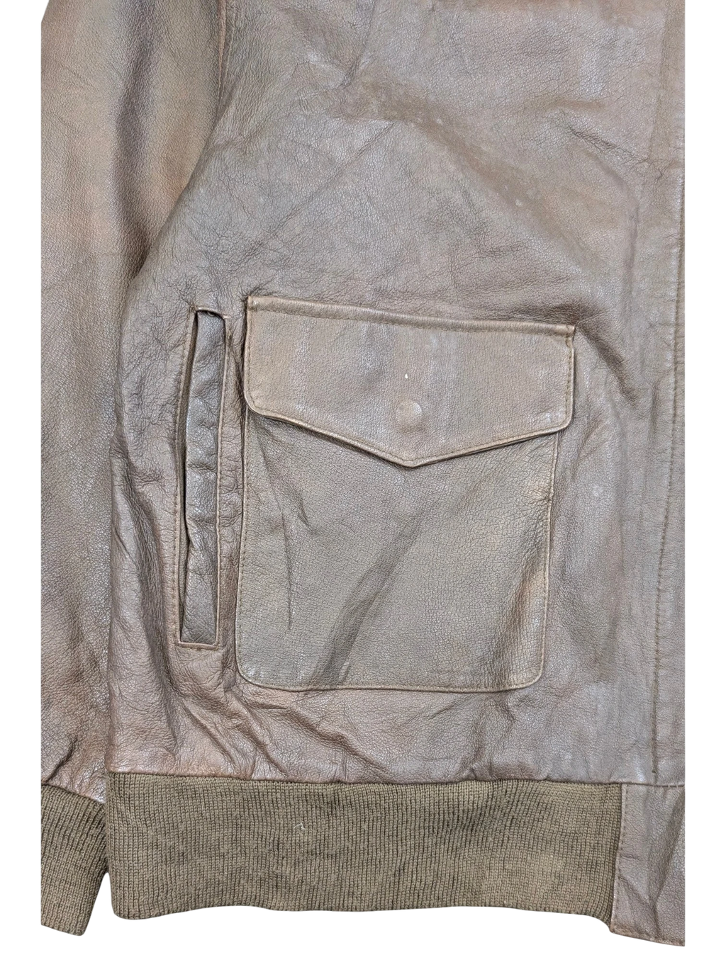 JAKE & IPI brown distressed leather bomber jacket with ribbed cuffs and a flap pocket.