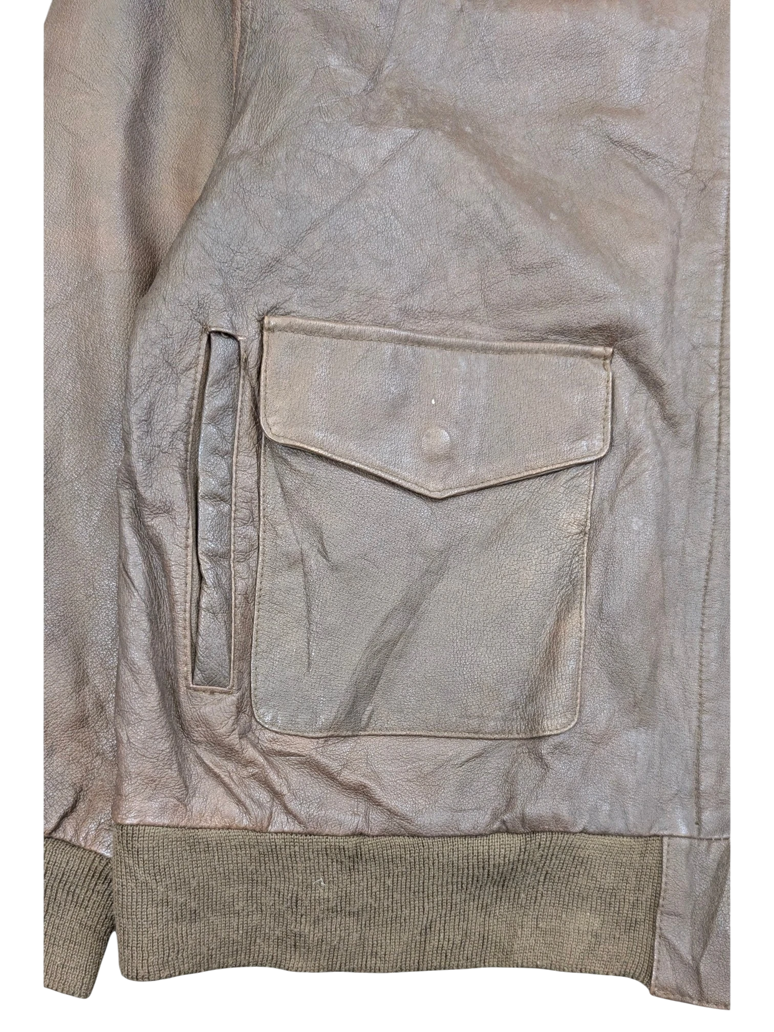 JAKE & IPI brown distressed leather bomber jacket with ribbed cuffs and a flap pocket.