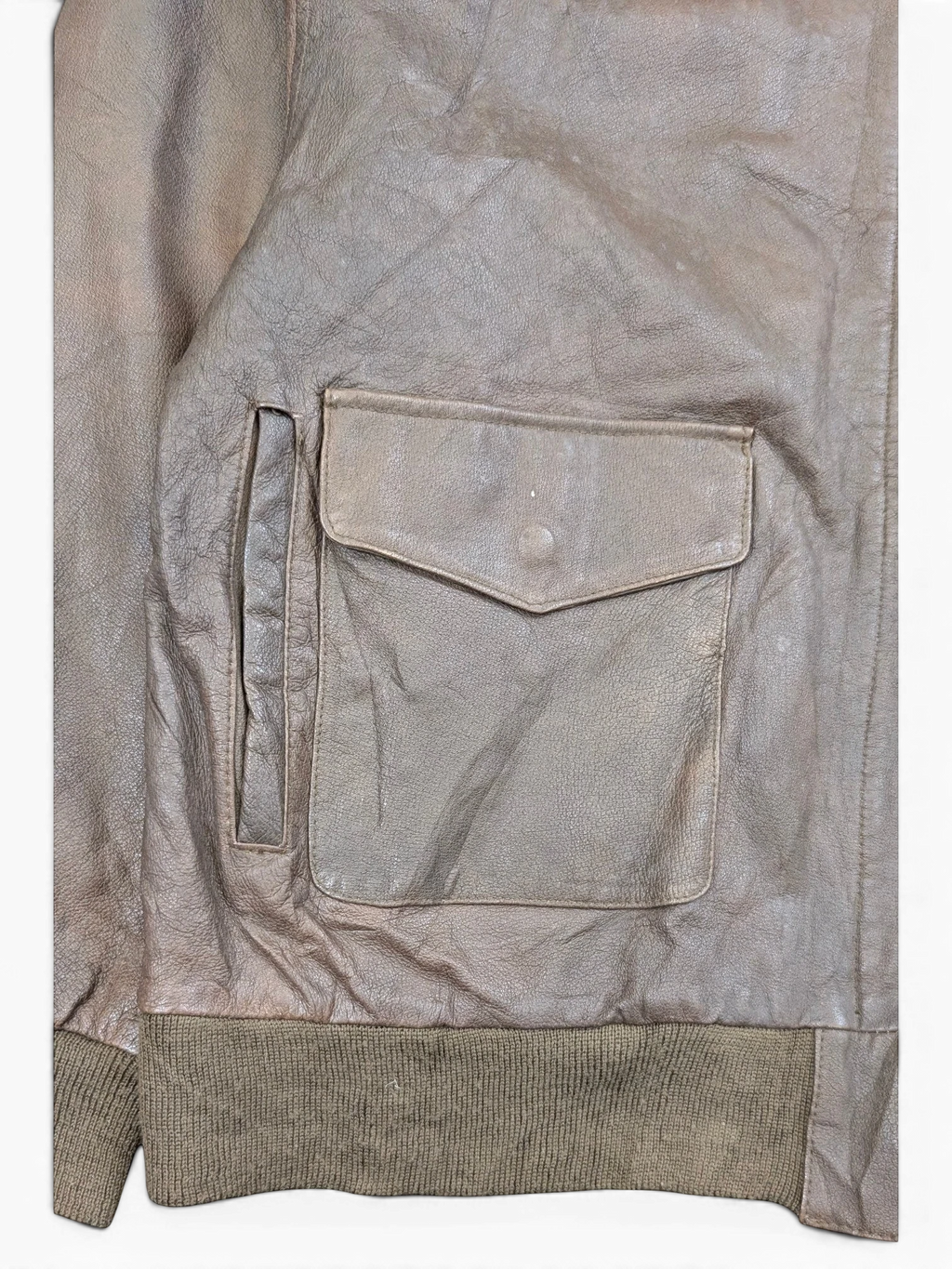JAKE & IPI brown distressed leather bomber jacket with ribbed cuffs and a flap pocket.