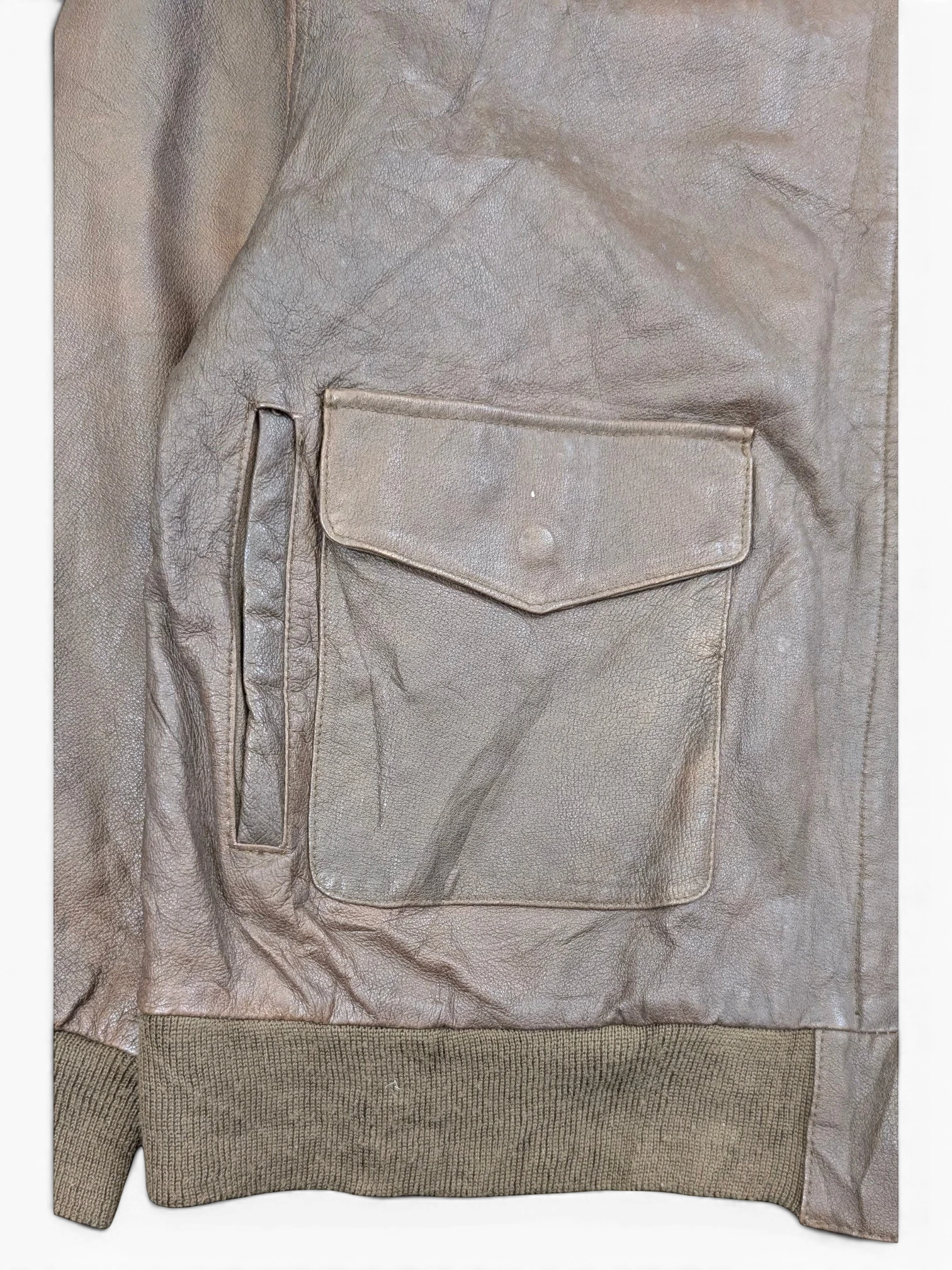 JAKE & IPI brown distressed leather bomber jacket with ribbed cuffs and a flap pocket.