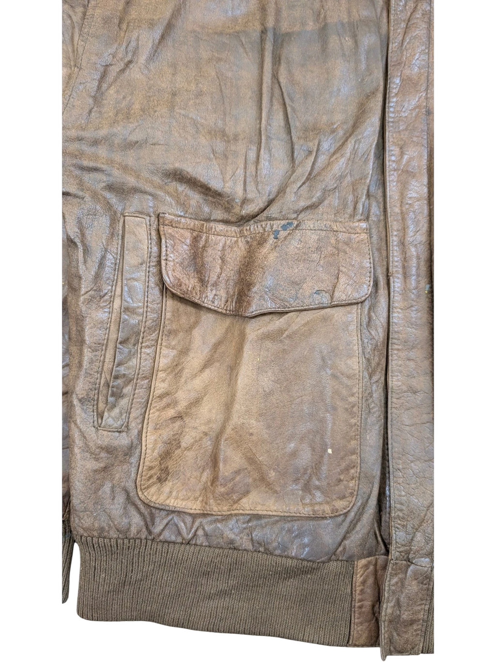JAKE & IPI brown distressed leather bomber jacket with ribbed cuffs and pocket detail