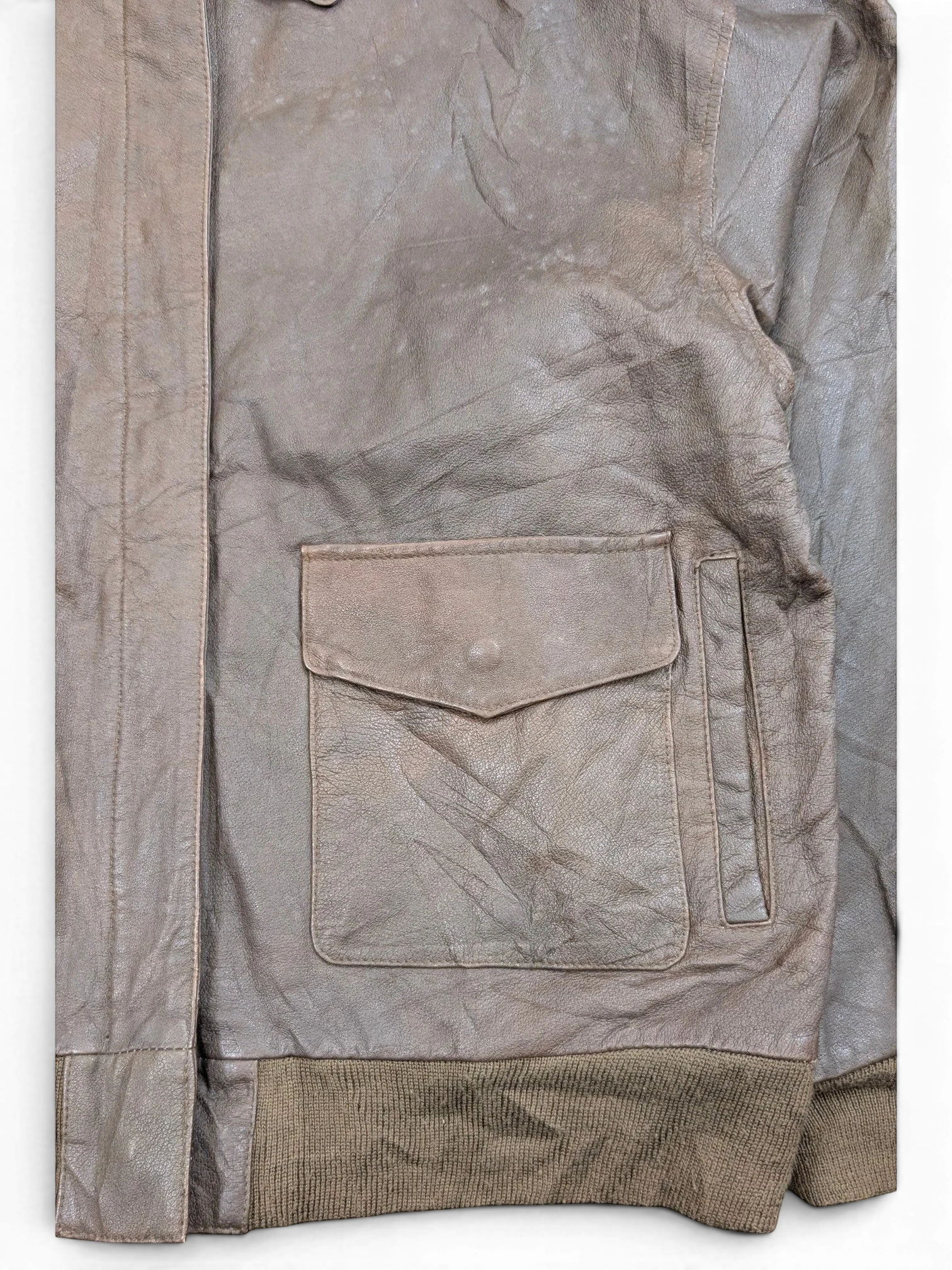 JAKE & IPI brown leather bomber jacket with ribbed cuffs and flap pocket.