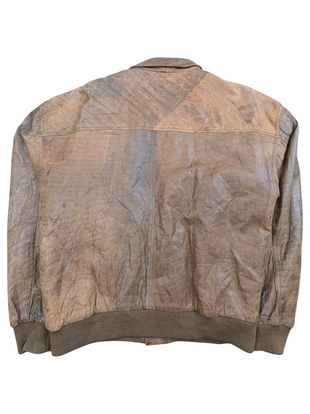 JAKE & IPI brown distressed leather bomber jacket with ribbed cuffs and collar