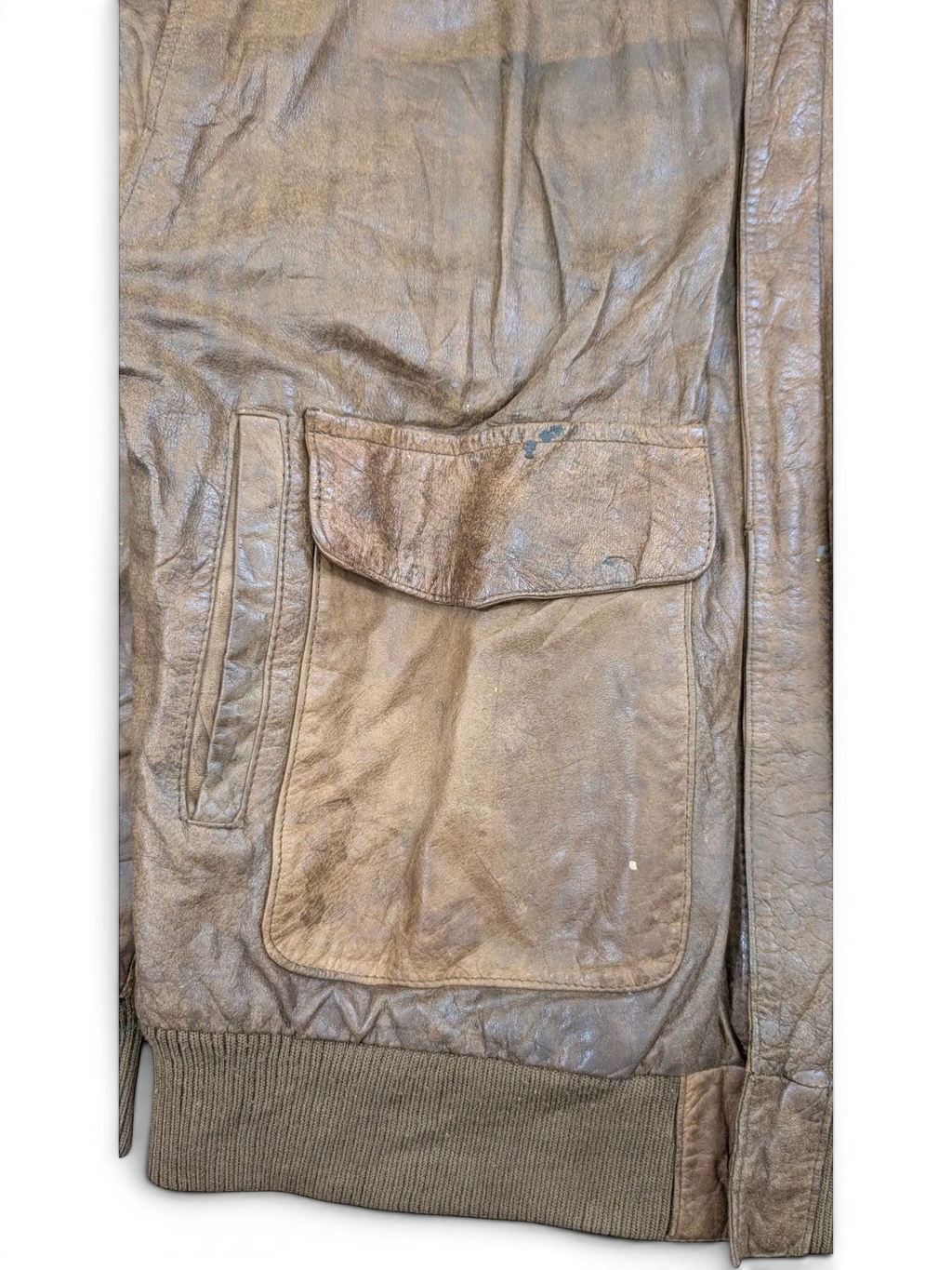 JAKE & IPI brown distressed leather bomber jacket with ribbed cuffs and pocket detail