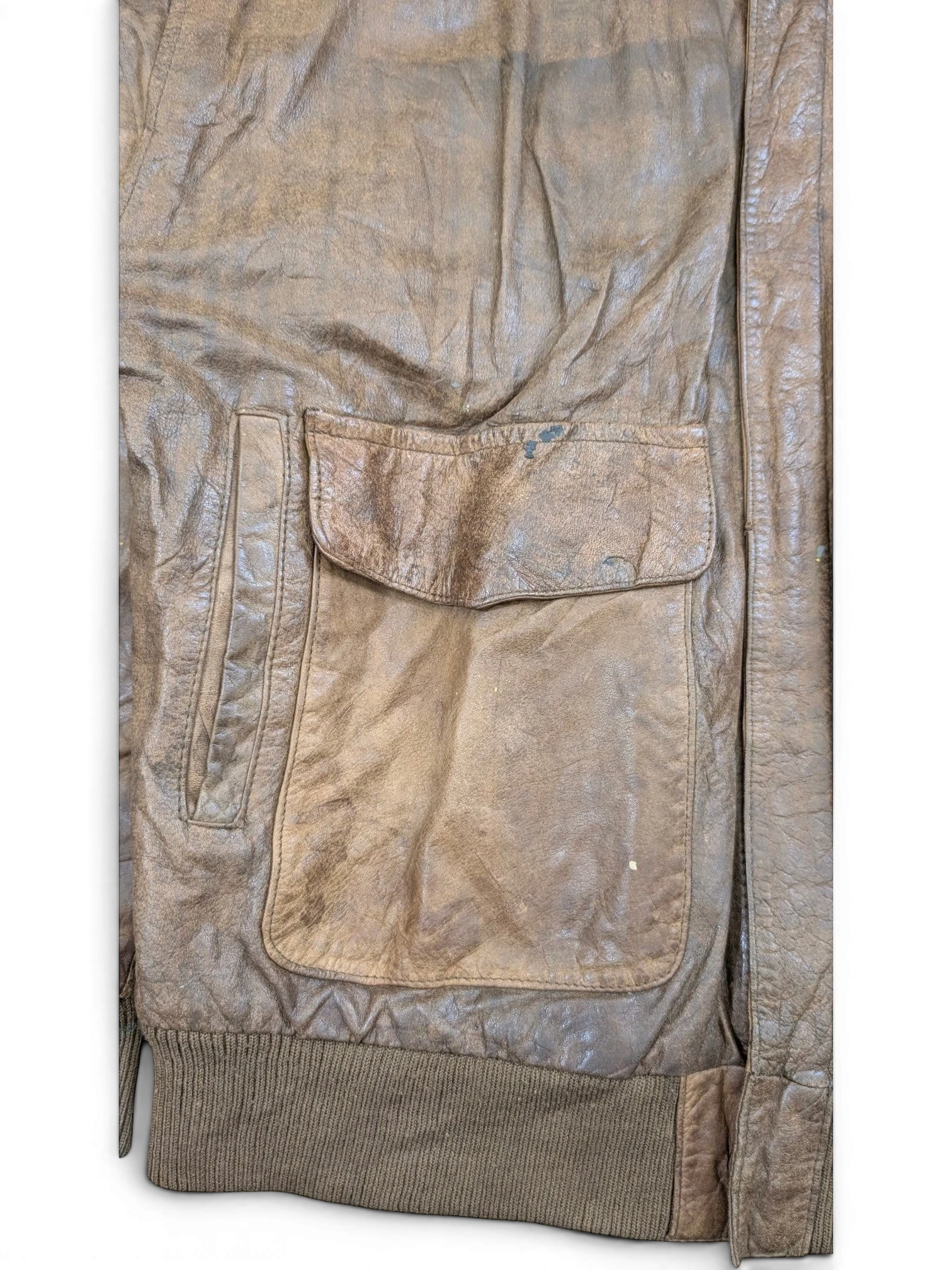 JAKE & IPI brown distressed leather bomber jacket with ribbed cuffs and pocket detail