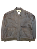 JAKE & IPI brown leather bomber jacket with button flap pockets and ribbed cuffs.