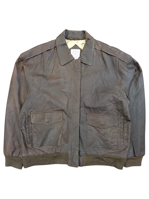JAKE & IPI brown leather bomber jacket with button flap pockets and ribbed cuffs.