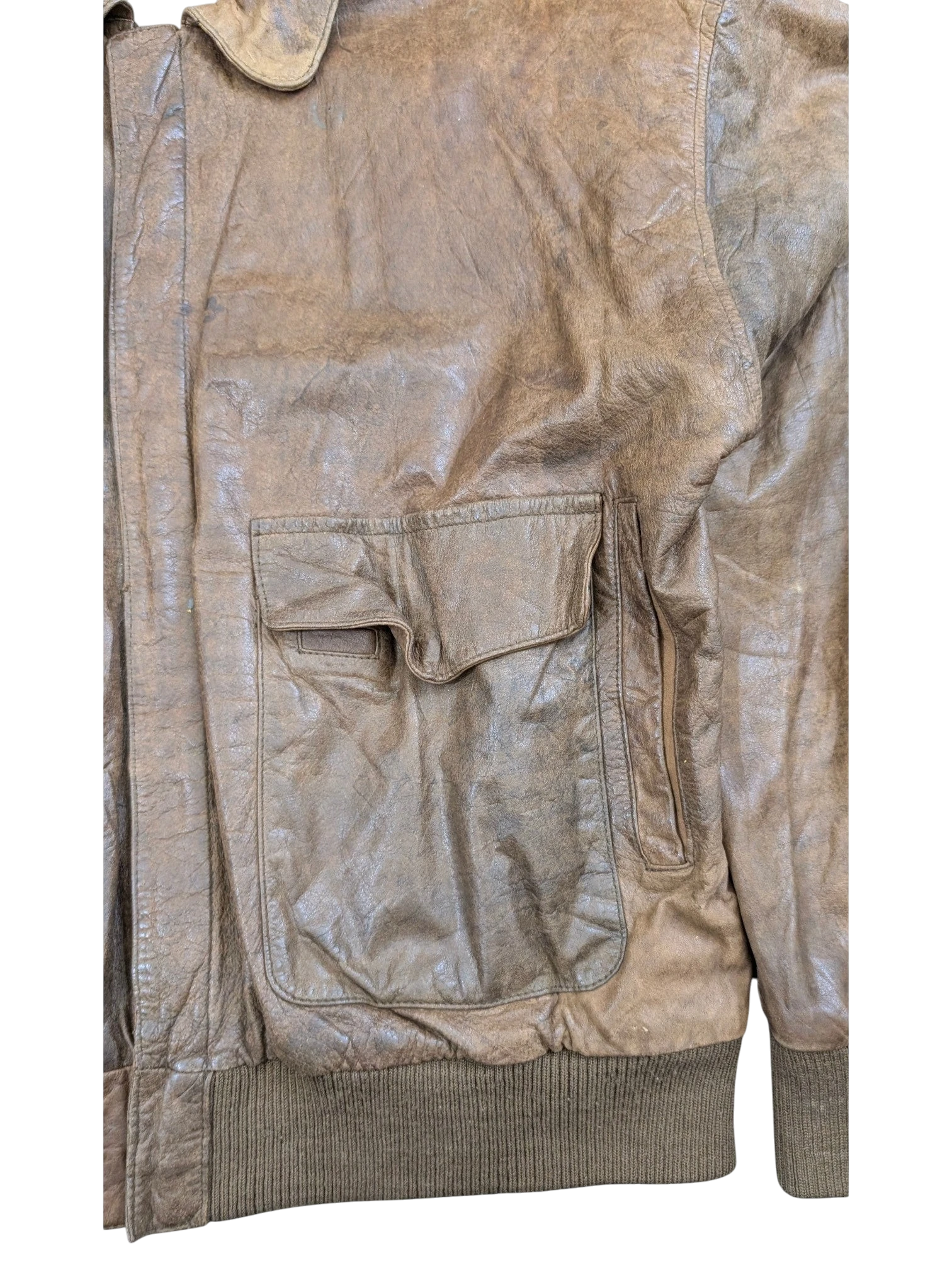 JAKE & IPI brown distressed leather bomber jacket with ribbed cuffs and collar, featuring a flap pocket.