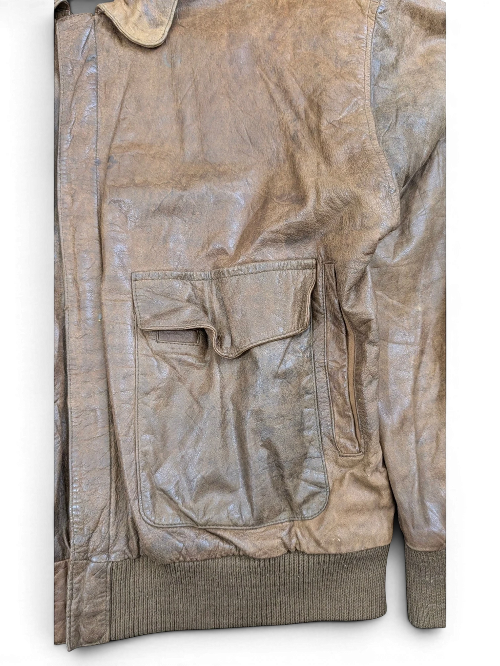 JAKE & IPI brown distressed leather bomber jacket with ribbed cuffs and collar, featuring a flap pocket.