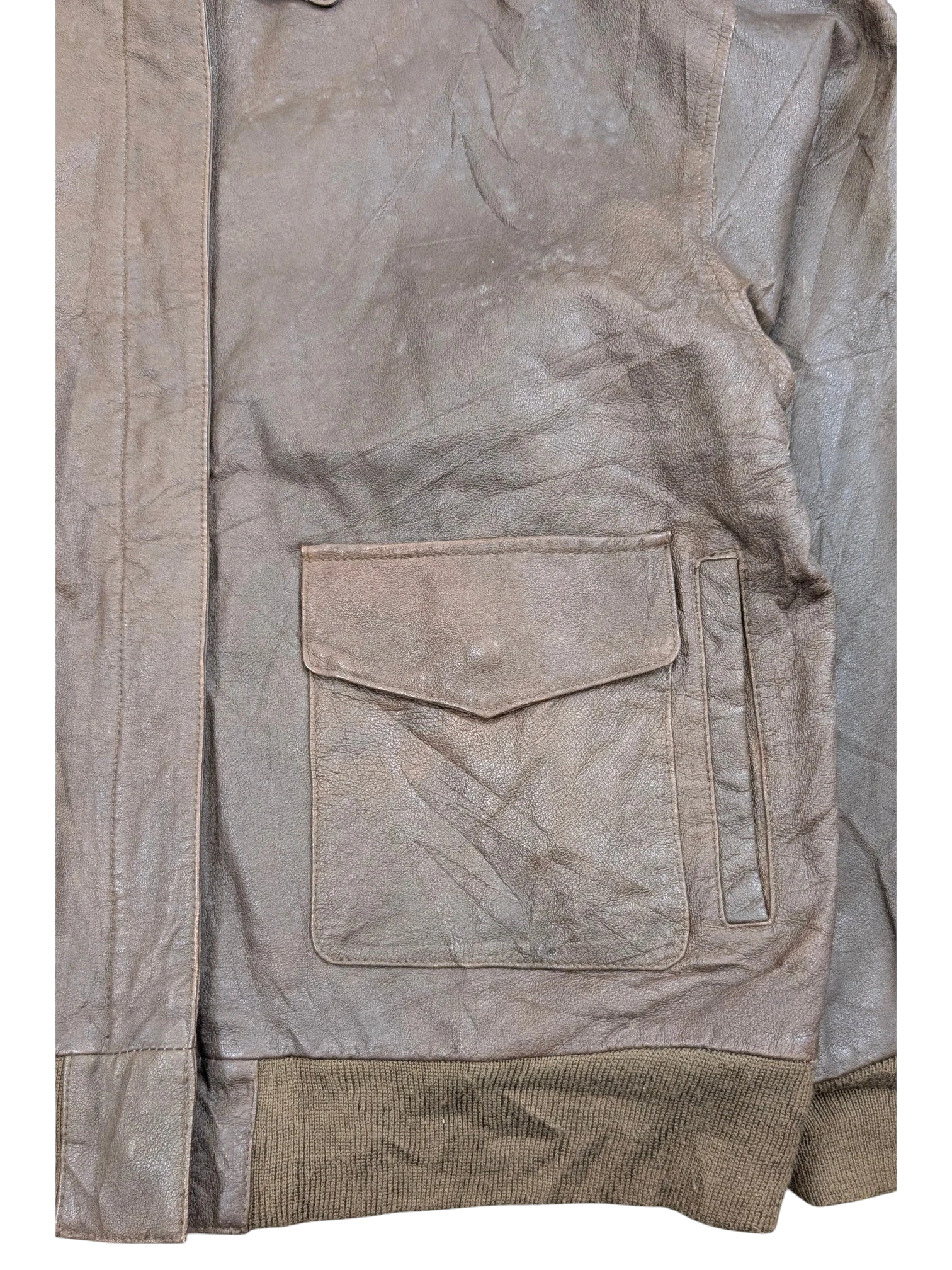 JAKE & IPI brown leather bomber jacket with ribbed cuffs and flap pocket.