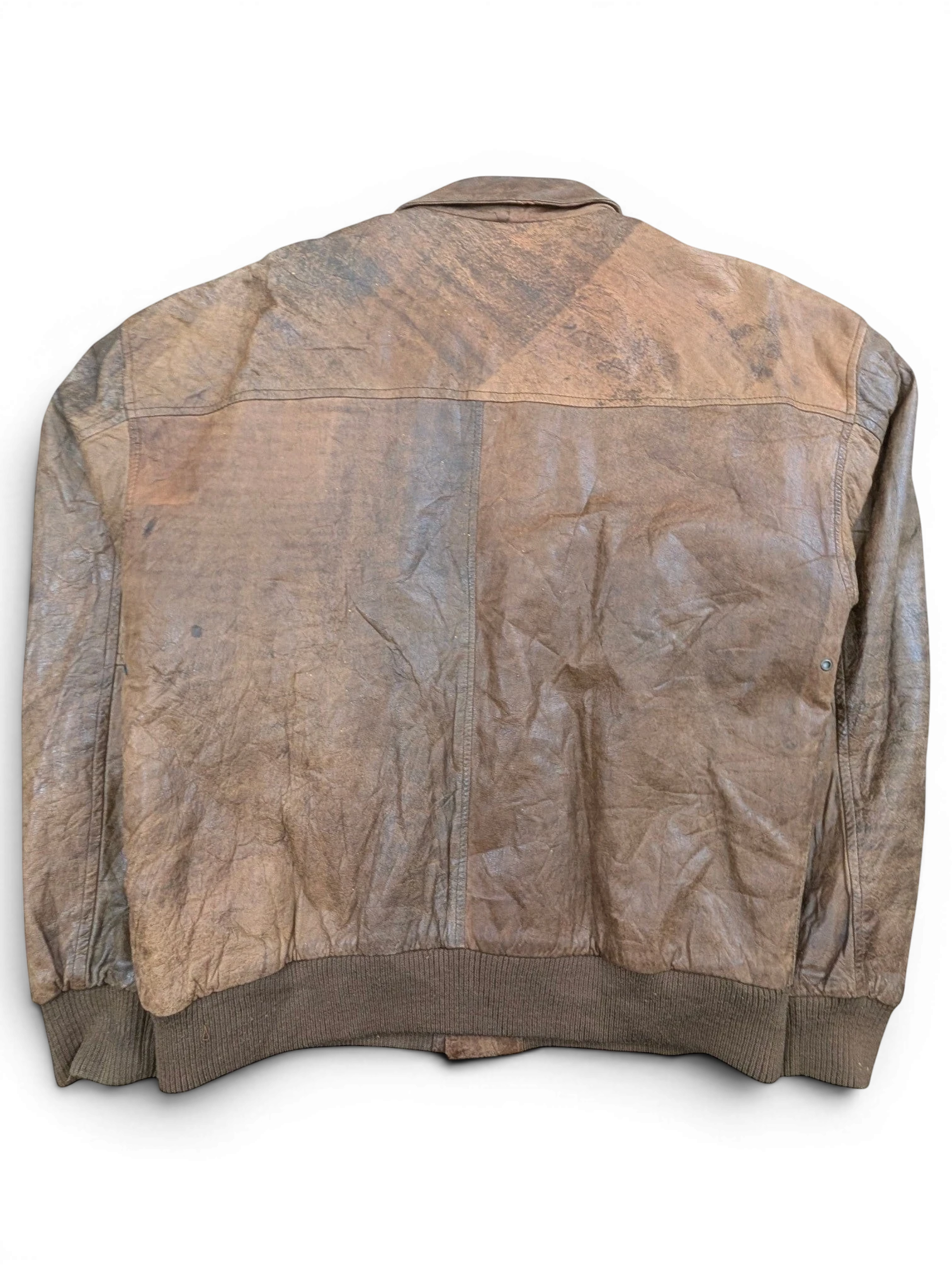JAKE & IPI brown distressed leather bomber jacket with ribbed cuffs and collar