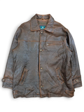 JAKE & IPI brown distressed leather jacket with button closure and zippered chest pocket.