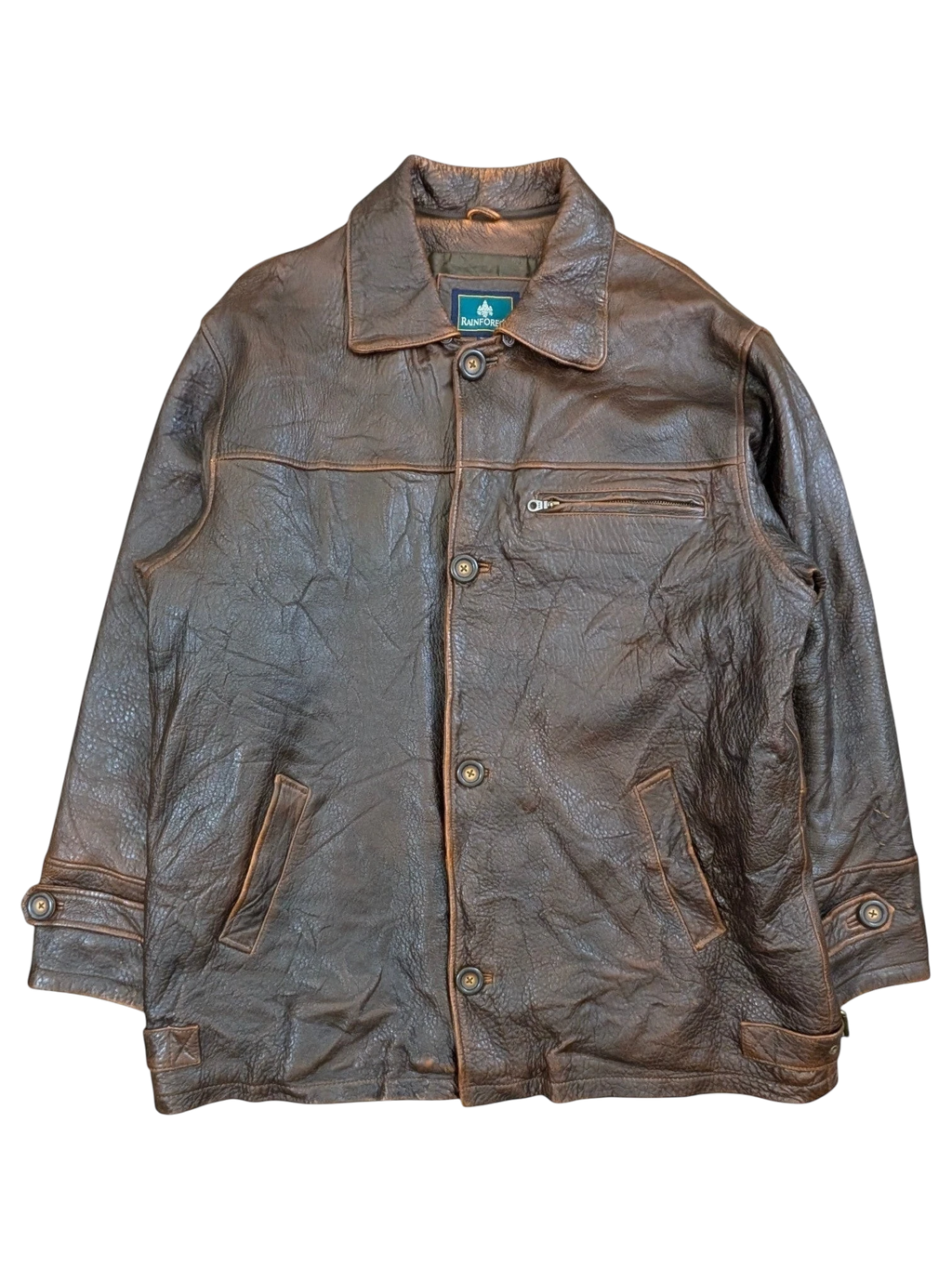 JAKE & IPI brown distressed leather jacket with button closure and zippered chest pocket.