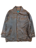 JAKE & IPI brown distressed leather jacket with button closure and zippered chest pocket.