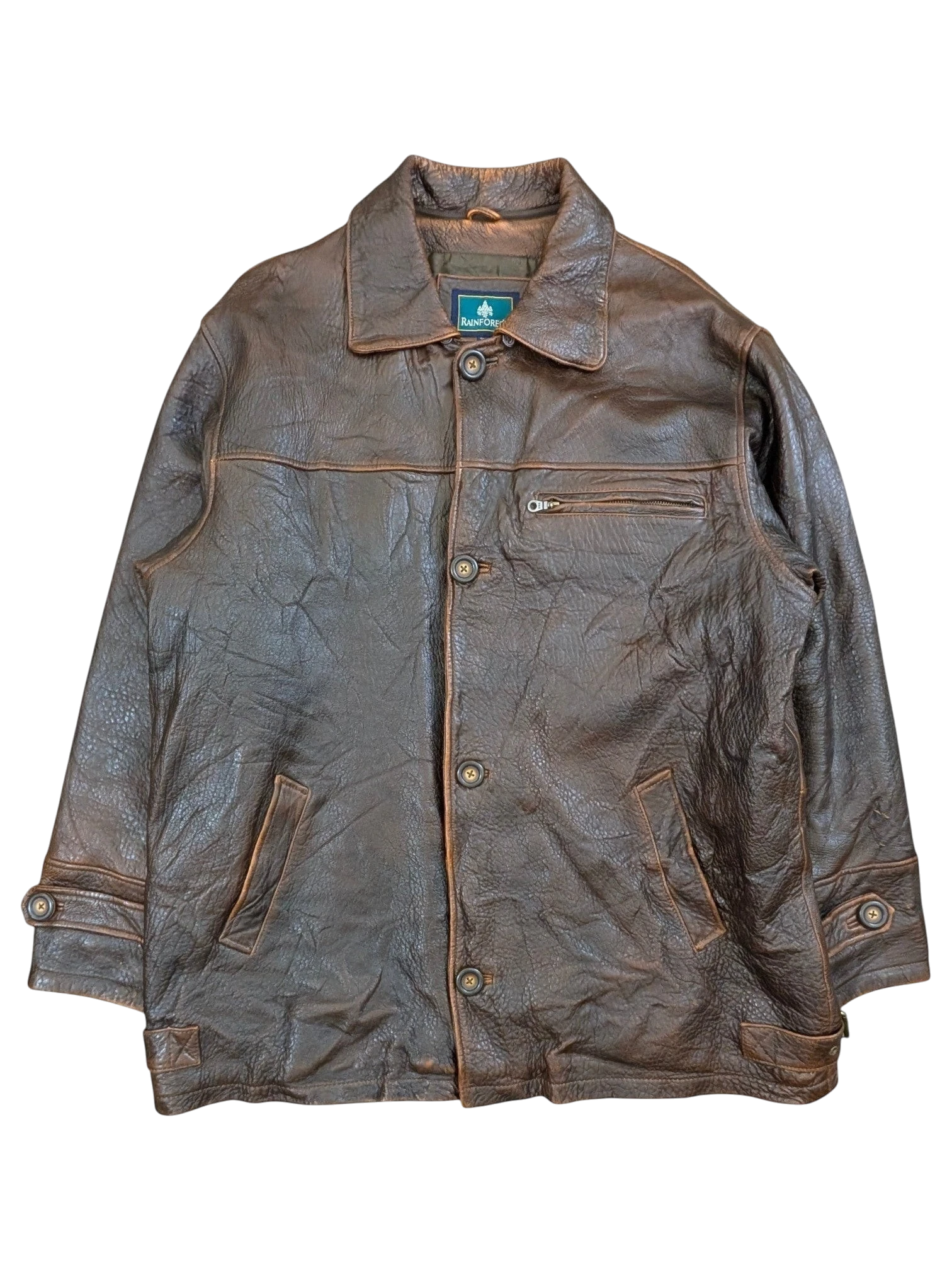 JAKE & IPI brown distressed leather jacket with button closure and zippered chest pocket.