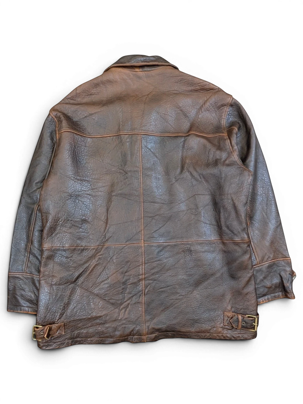 JAKE & IPI brown distressed leather jacket with buckle details on hem. Classic collar and panel stitching.