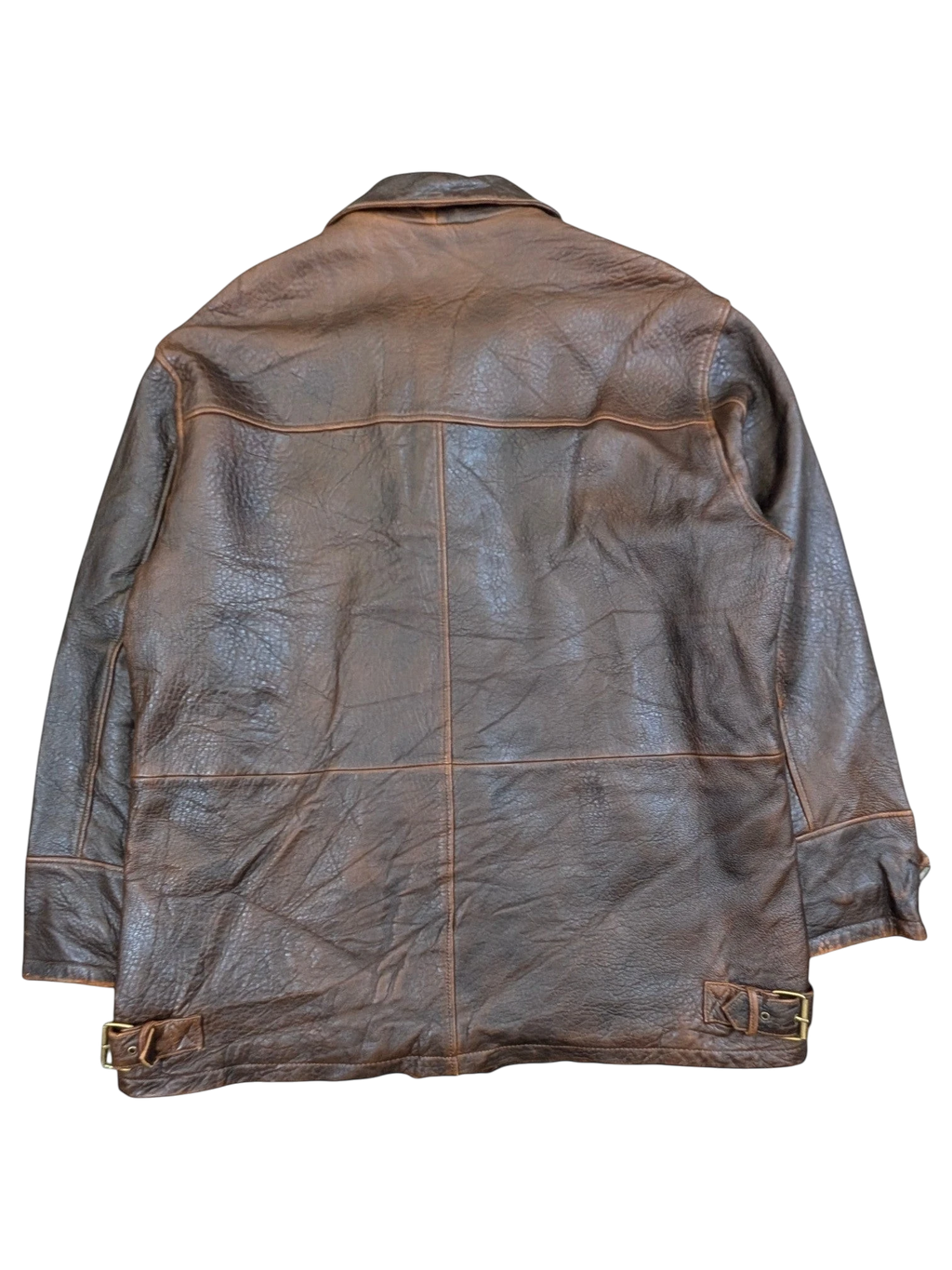 JAKE & IPI brown distressed leather jacket with buckle details on hem. Classic collar and panel stitching.
