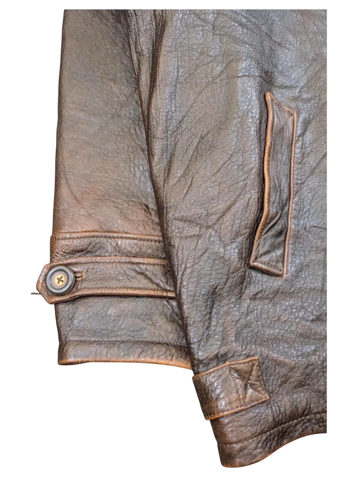 JAKE & IPI brown distressed leather jacket with buttoned cuff and pocket detail.