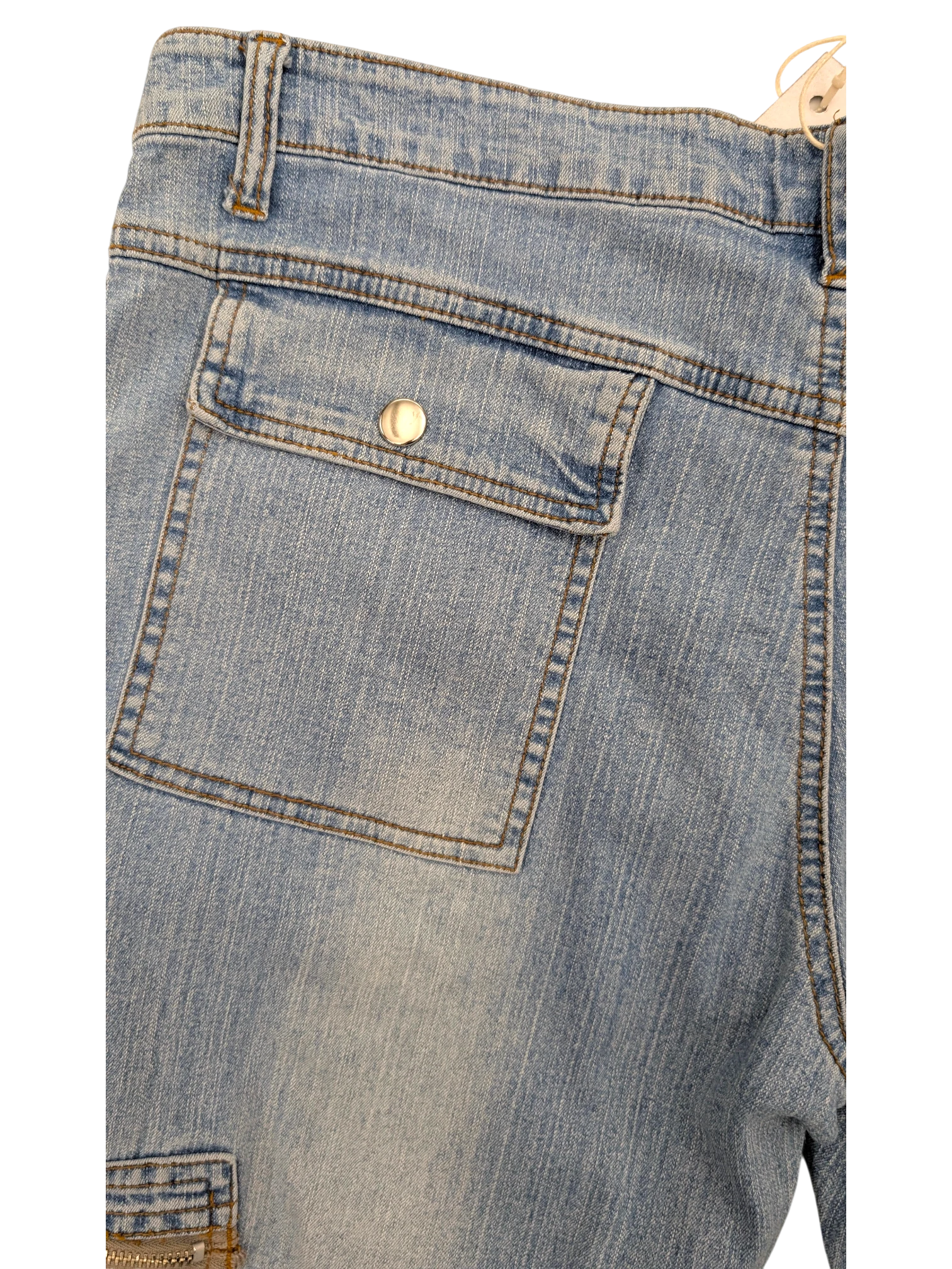 JAKE & IPI light wash denim cargo jeans with button flap pocket and zippered pocket detail.