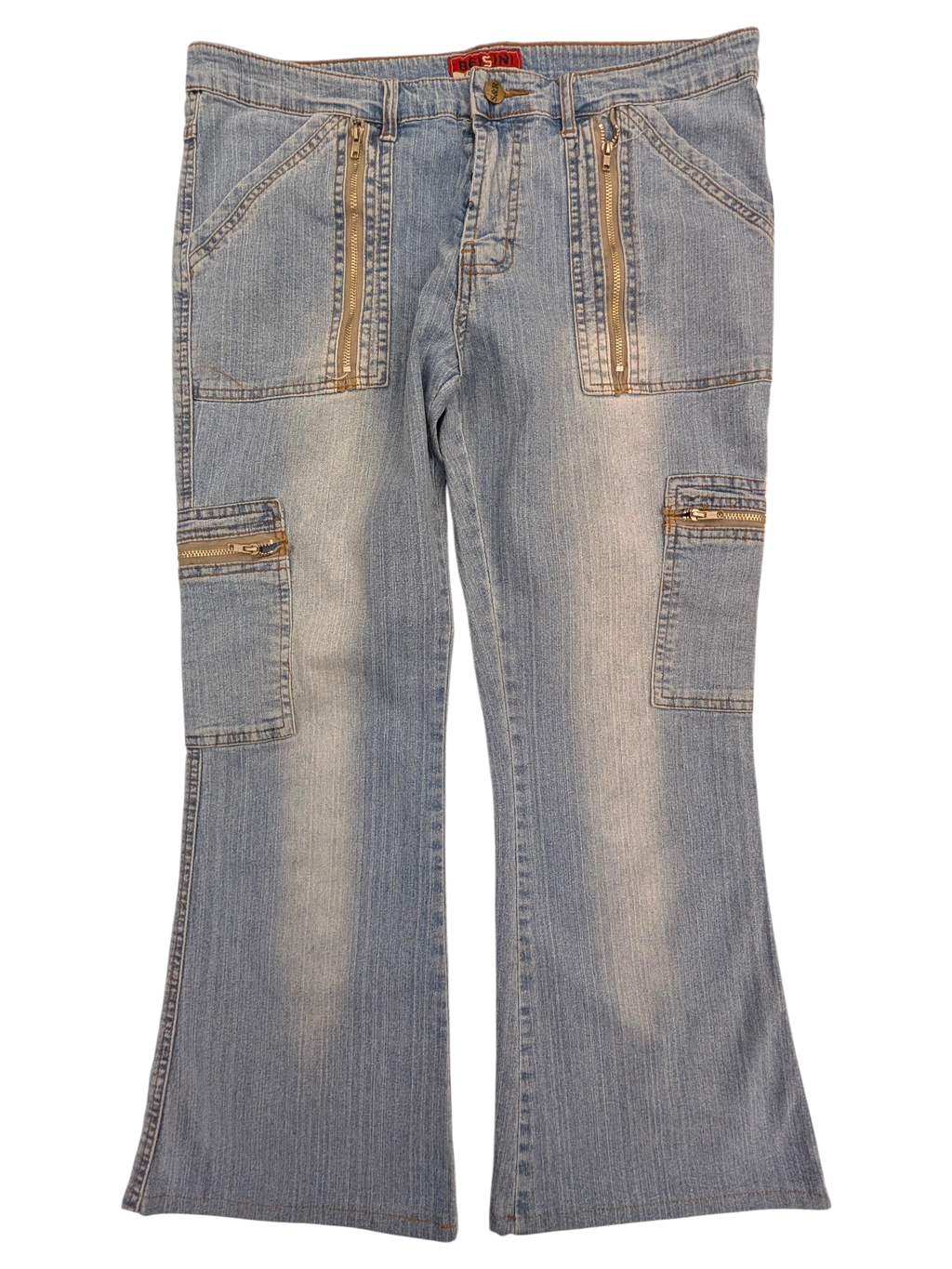 JAKE & IPI light wash denim cargo jeans with zip pockets and flared leg.