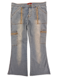 JAKE & IPI light wash denim cargo jeans with zip pockets and flared leg.