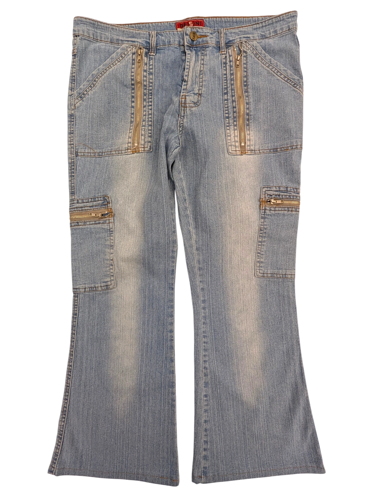 JAKE & IPI light wash denim cargo jeans with zip pockets and flared leg.