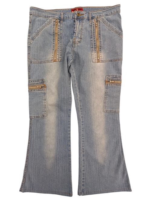 JAKE & IPI light wash denim cargo jeans with zip pockets and flared leg.