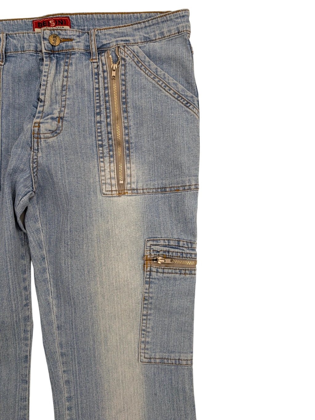 JAKE & IPI light wash denim cargo jeans with multiple zippered pockets and a relaxed fit.