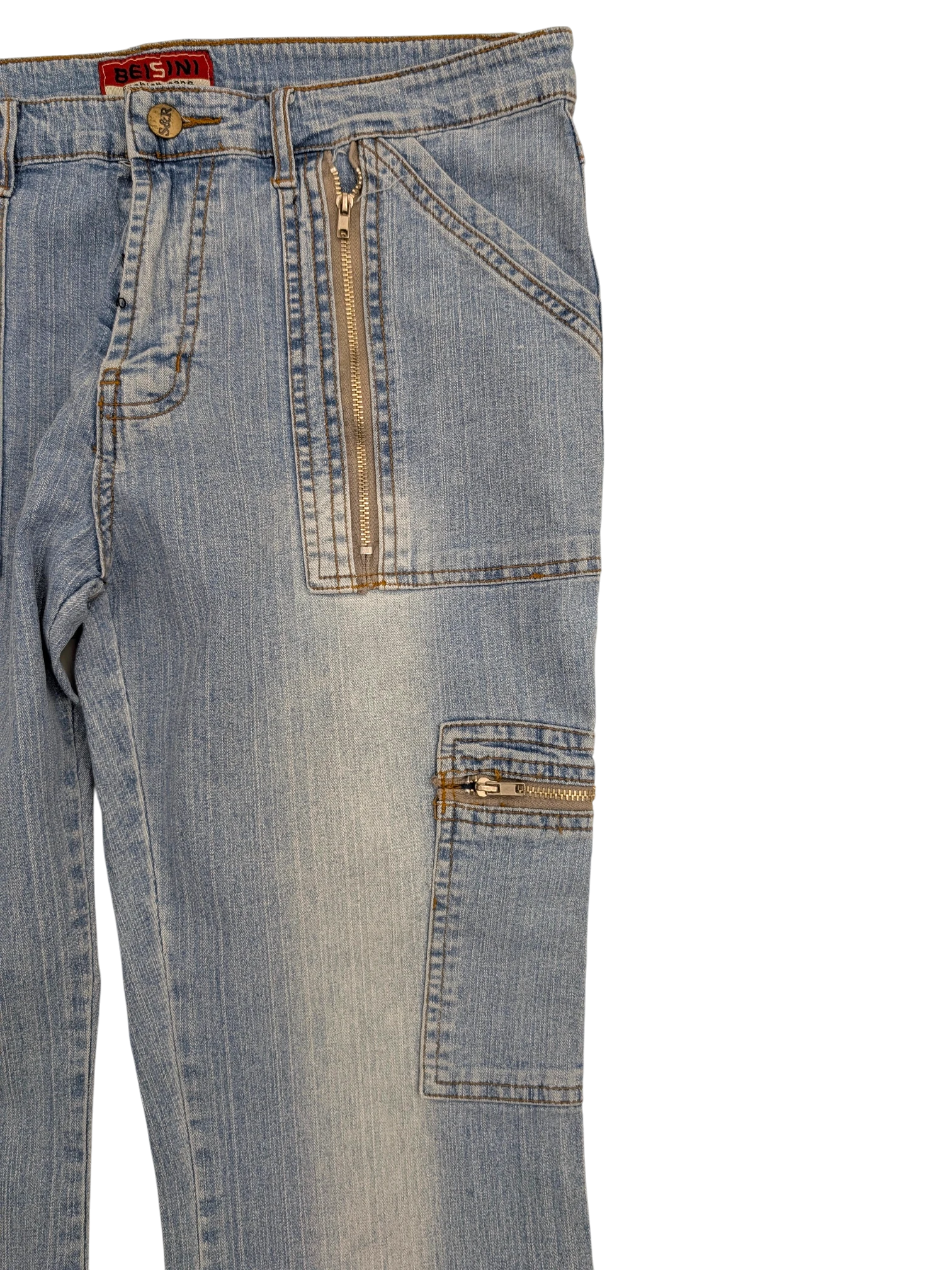 JAKE & IPI light wash denim cargo jeans with multiple zippered pockets and a relaxed fit.