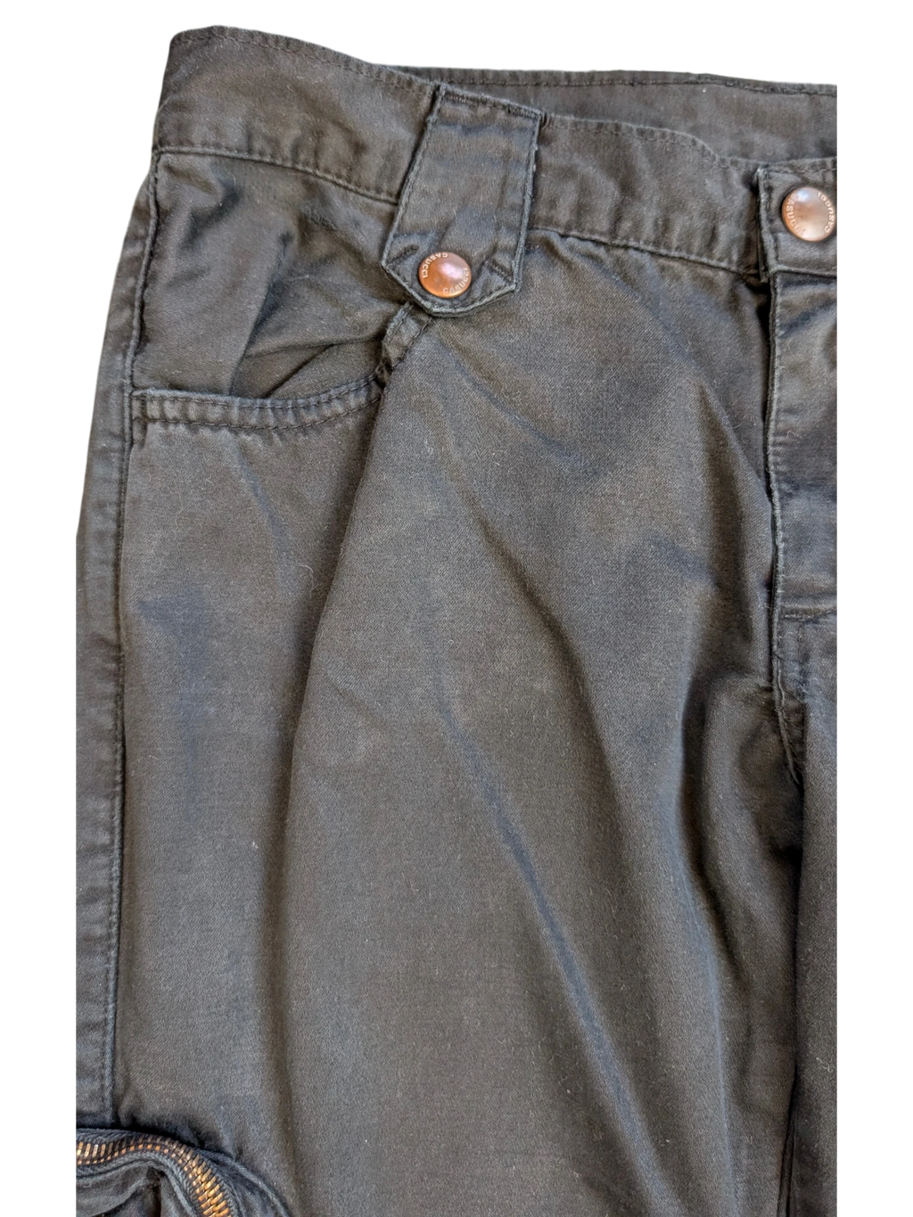 JAKE & IPI dark grey cotton cargo pants with copper button details and front pockets.