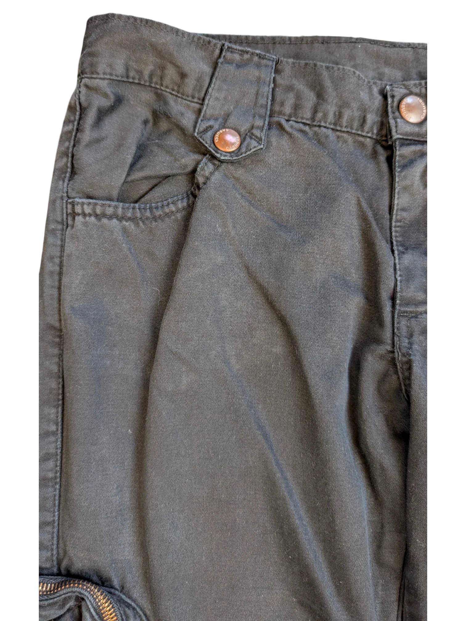 JAKE & IPI dark grey cotton cargo pants with copper button details and front pockets.