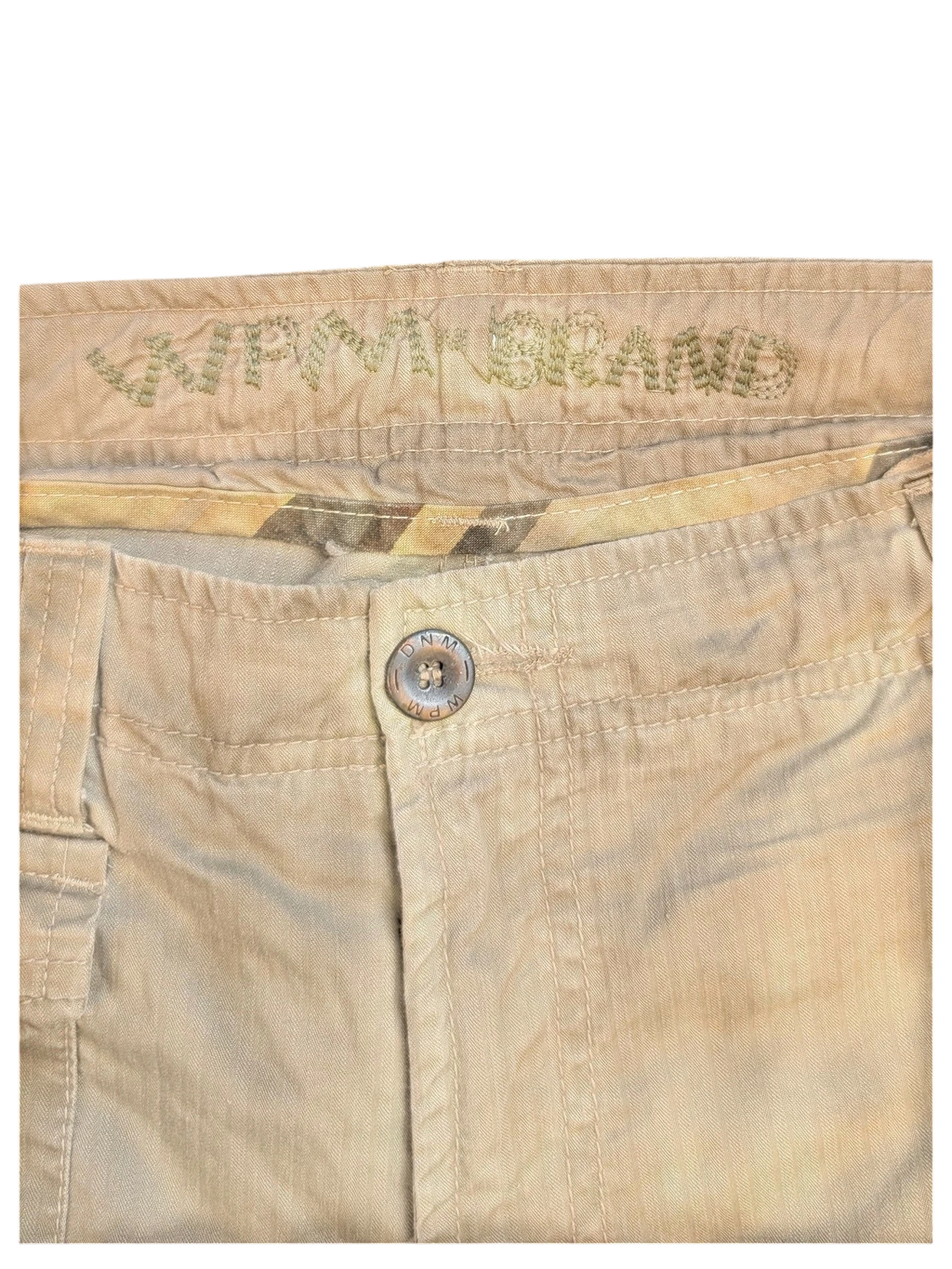 JAKE & IPI khaki cargo pants, EU 42, with button closure and embroidered logo detail.