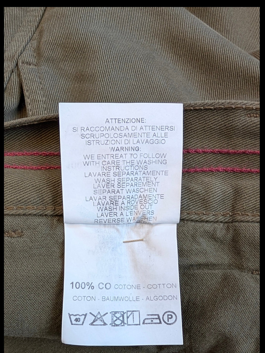 JAKE & IPI olive green 100% cotton cargo pants with care instructions tag.