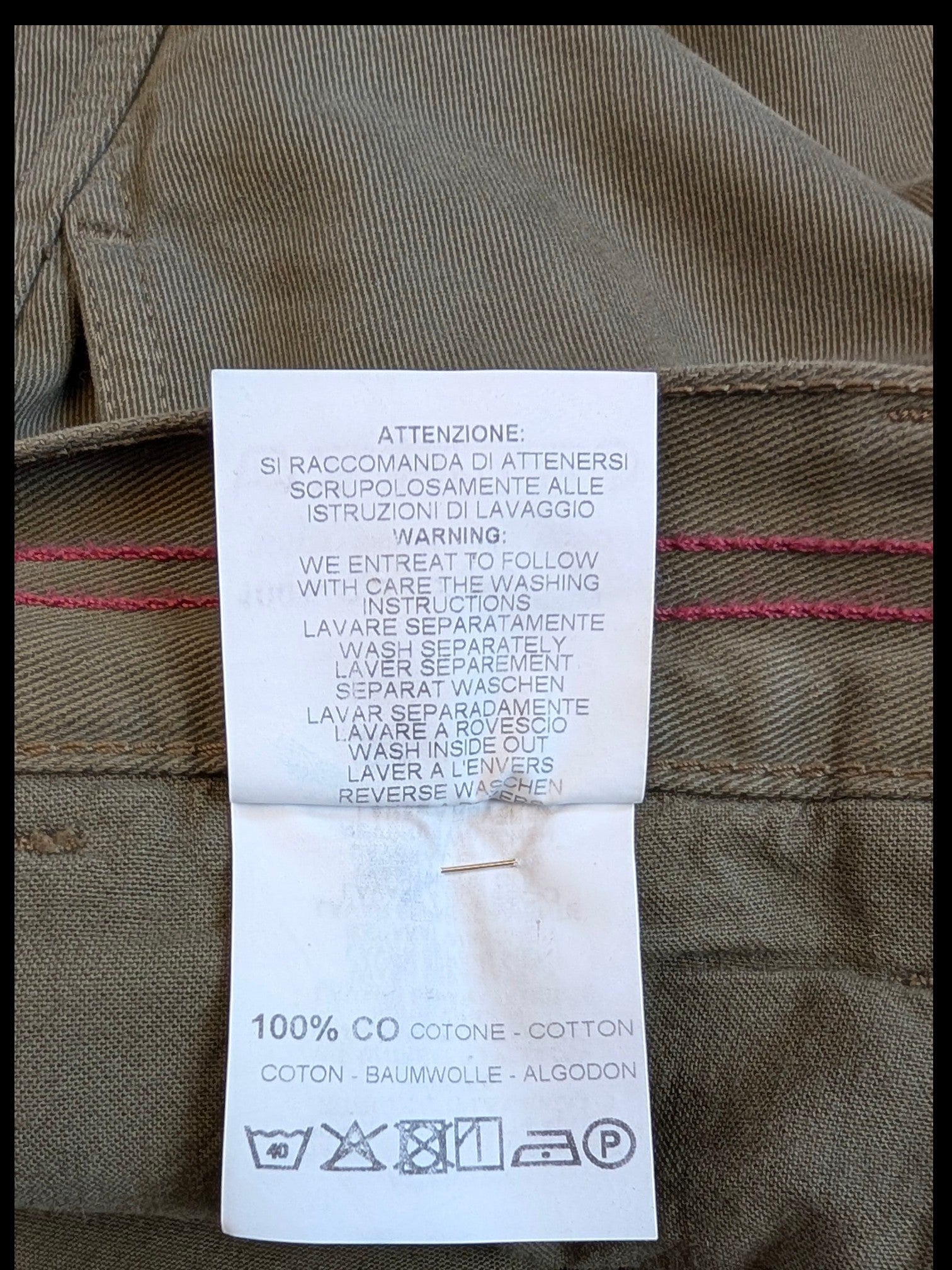 JAKE & IPI olive green 100% cotton cargo pants with care instructions tag.