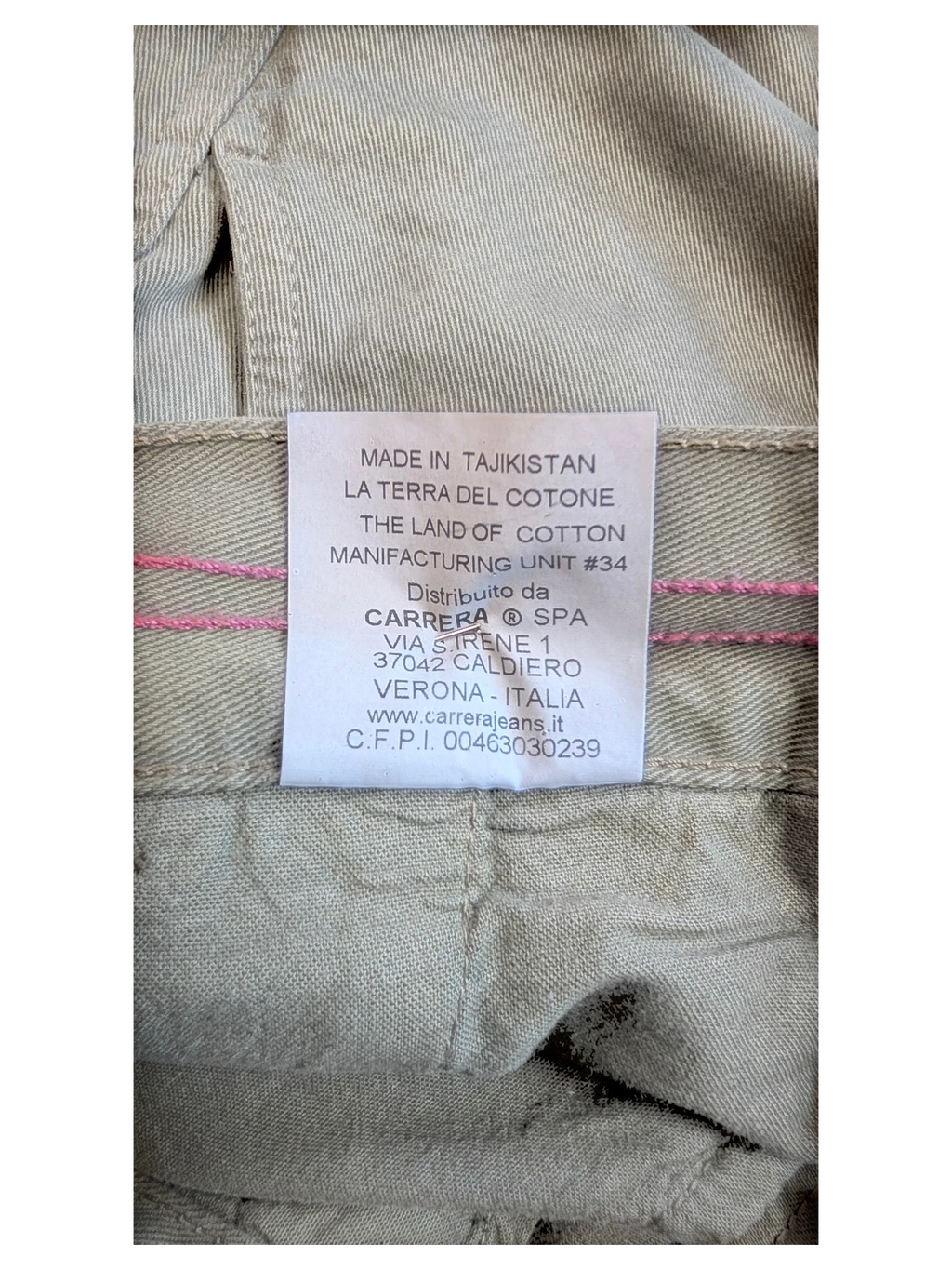 JAKE & IPI olive green cotton cargo pants, size IT 46, with pink stitching detail.