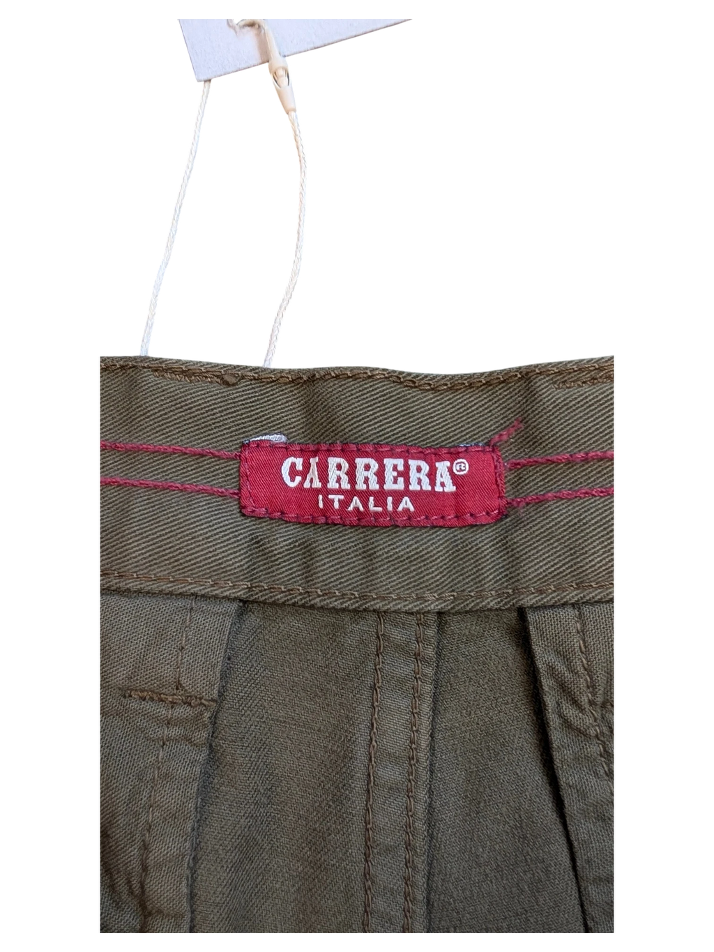 JAKE & IPI Carrera Cargo Pants in olive green cotton, size IT 46. Features contrast stitching and a red brand tag.