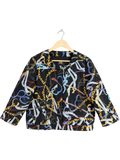 JAKE & IPI Cavalli Class black quilted cropped jacket with gold chain and multicolour snake print. Features gold logo buttons.
