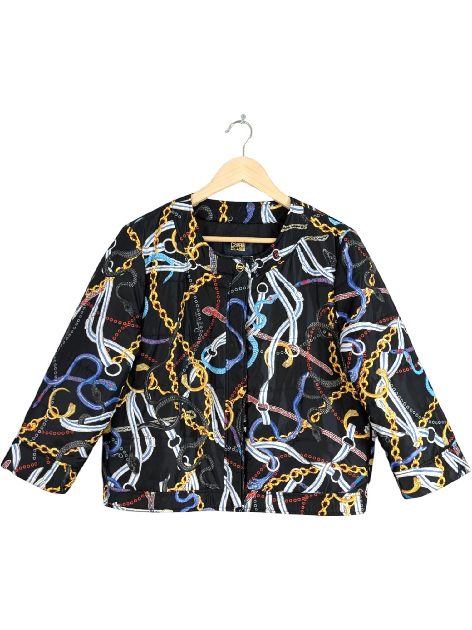 JAKE & IPI Cavalli Class black quilted cropped jacket with gold chain and multicolour snake print. Features gold logo buttons.