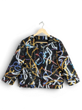 JAKE & IPI Cavalli Class black quilted cropped jacket with gold chain and multicolour snake print. Features gold logo buttons.
