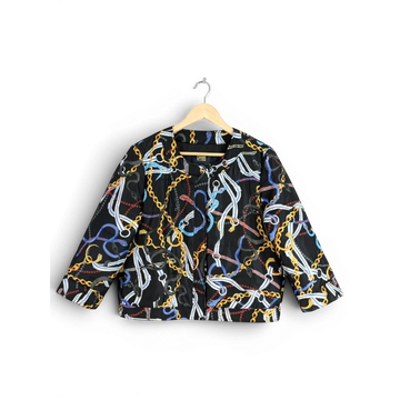 JAKE & IPI Cavalli Class black quilted cropped jacket with gold chain and multicolour snake print. Features gold logo buttons.