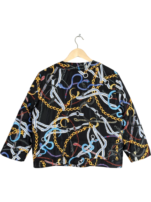JAKE & IPI black cropped jacket with gold chains and multicolour snake print, quilted construction.